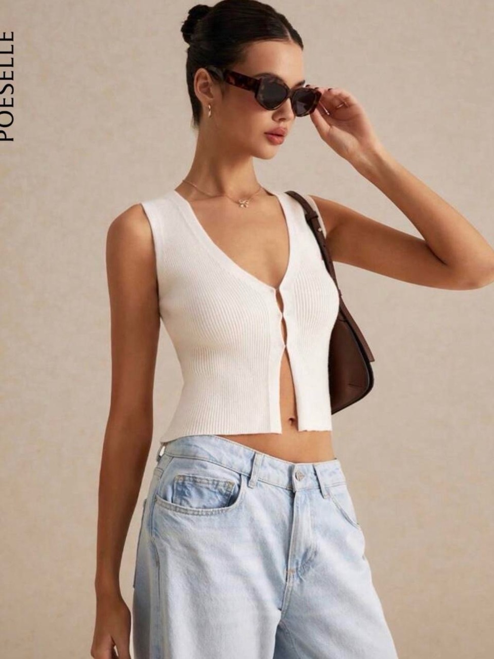 White Ribbed V-Neck Eyelet Closure Crop Top